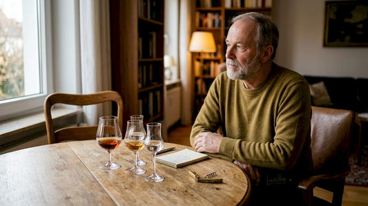 Ein Mann verkostet edle Spirituosen an einem rustikalen Holztisch.