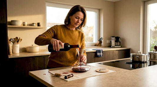 In einer lichtdurchfluteten Ecke des Wohnzimmers schenkt eine Frau vorsichtig Rotwein in eine Karaffe.