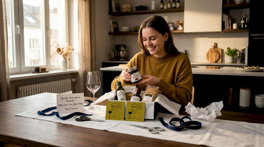 Eine junge Frau packt am Tisch ein Geschenkset mit Wein und Delikatessen aus.