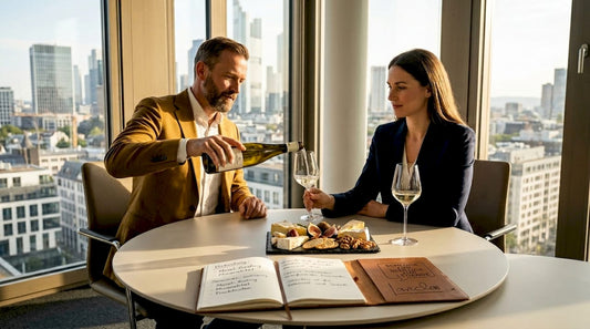Geschäftsleute stoßen bei einer Besprechung gemeinsam mit einem Glas Wein an.
