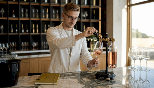 Der Winzer füllt den Wein mithilfe eines Abfüllgeräts direkt in die Flaschen.