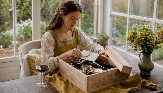 Eine Frau stellt am Tisch ein Geschenkset mit erlesenen Weinen für die nächste Reise zusammen.