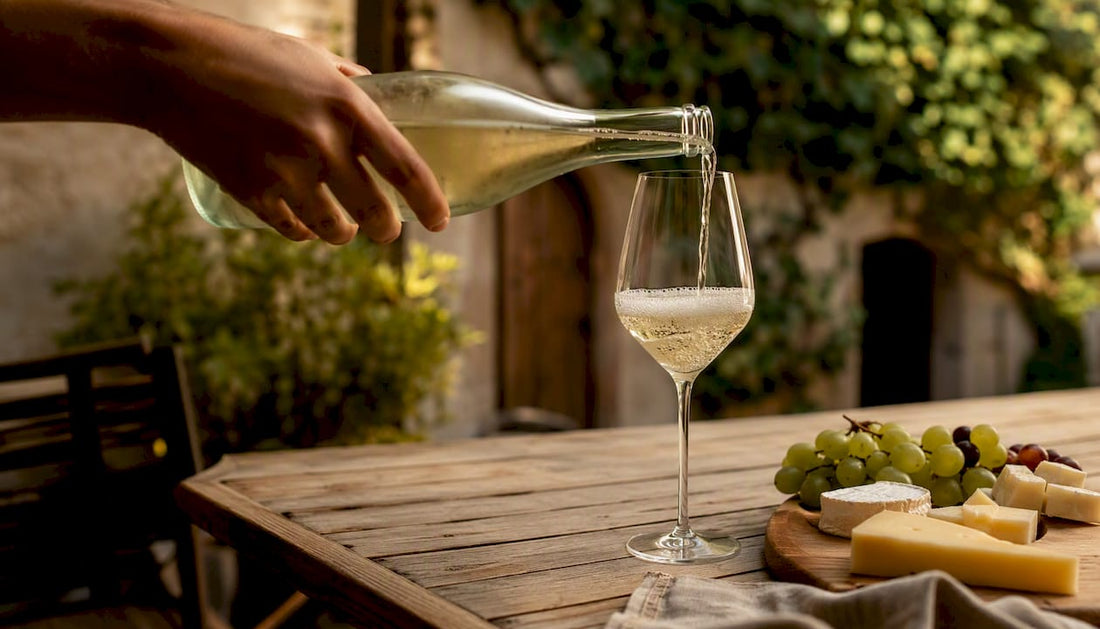 Ein Glas Secco wird direkt am Tisch in der Weinkellerei eingeschenkt.