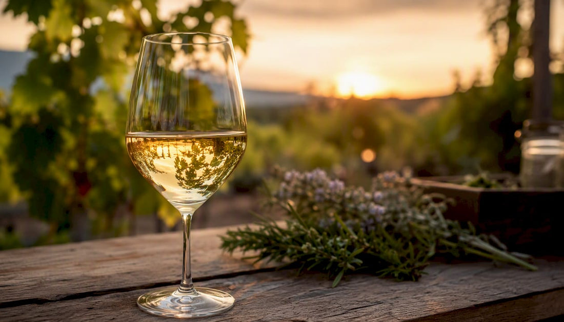 Ein Glas Weißburgunder wird inmitten der Weinberge in der Hand gehalten.