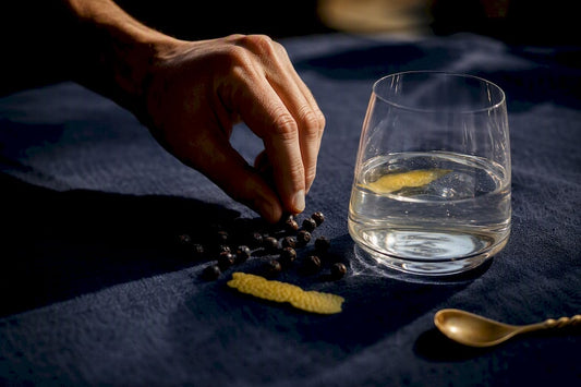 Wacholderbeeren und Zitronenschale neben einem Gin-Glas