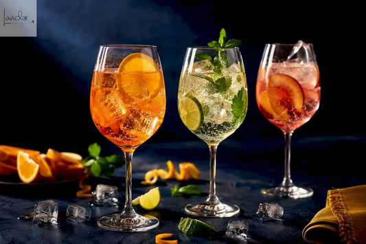 Drei elegante Sekt-Spritz-Gläser mit Dekoration