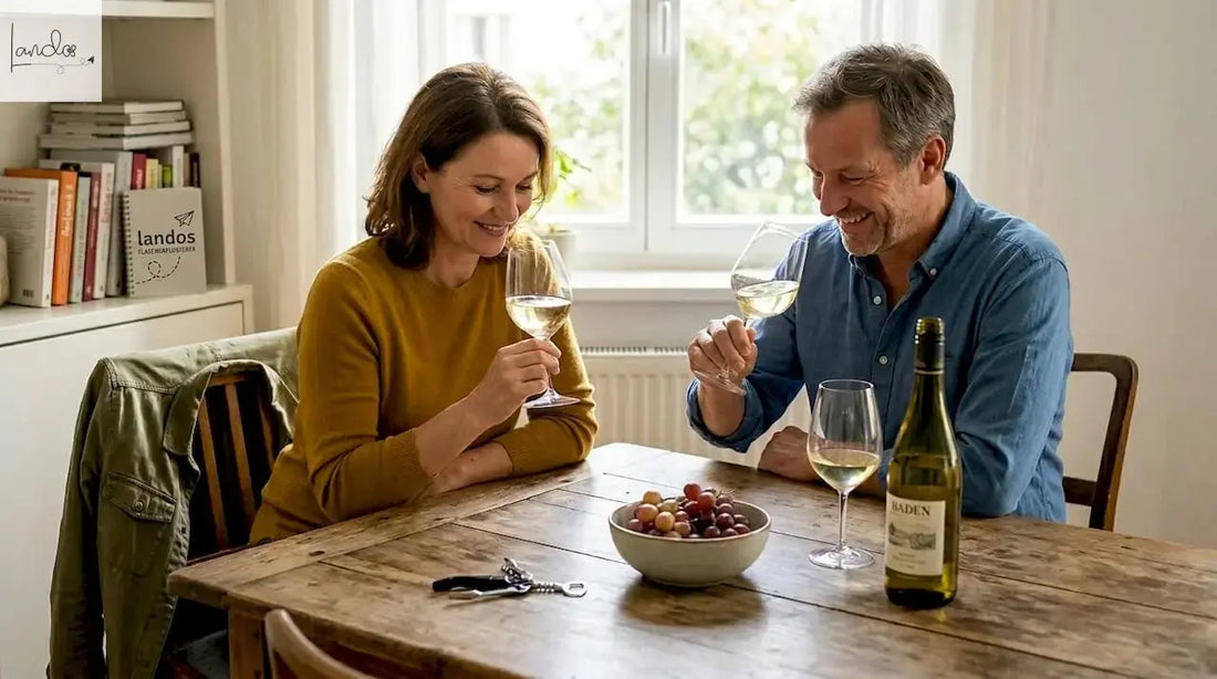 Ein Paar genießt gemeinsam ein Glas Wein am Holztisch in der Küche.