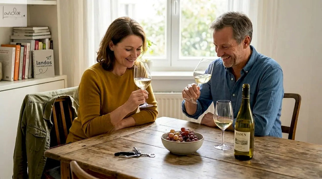 Ein Paar genießt gemeinsam ein Glas Wein am Holztisch in der Küche.