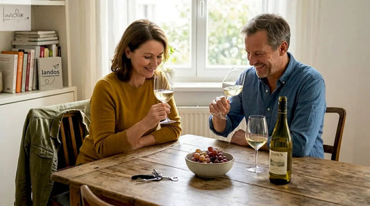 Ein Paar genießt gemeinsam ein Glas Wein am Holztisch in der Küche.
