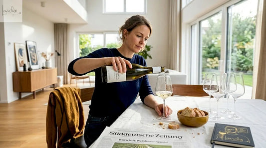 Eine Frau gießt am Esstisch zuhause ein Glas Wein ein.