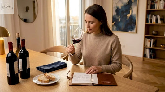 Bei hellem Tageslicht sitzt eine Frau am Esstisch und genießt ein Glas Wein.