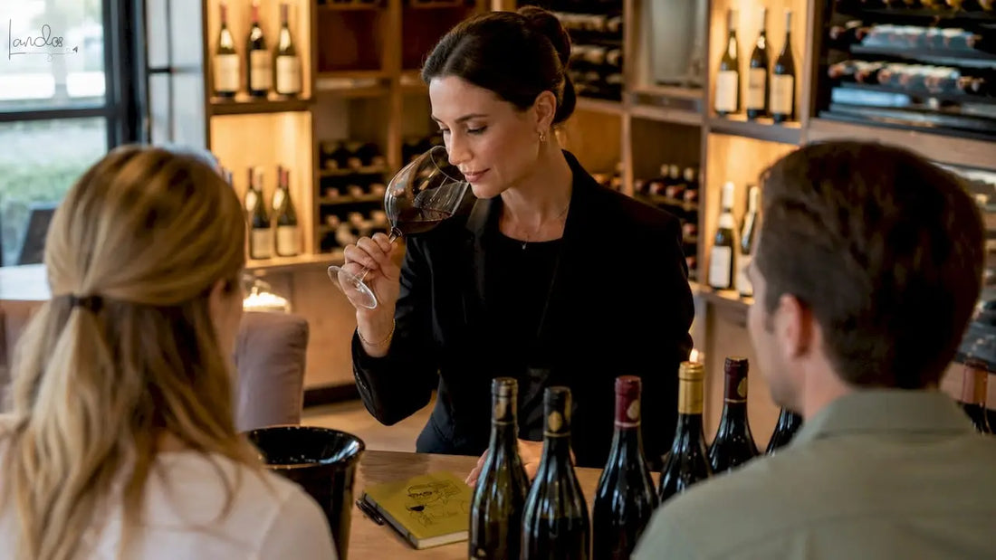Ein Sommelier schenkt den Gästen im Restaurant fachkundig Wein ein und berät sie bei der Auswahl.