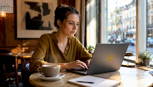 Eine Frau stöbert mit ihrem Tablet nach Feinkost in Online-Shops.