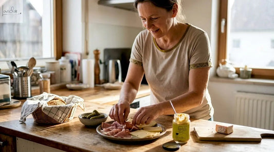 Eine Frau richtet verschiedene regionale Spezialitäten liebevoll auf der Küchenarbeitsplatte an.