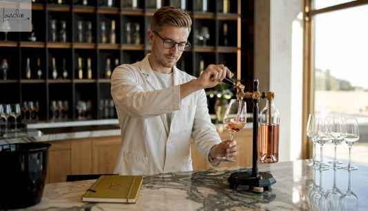 Der Winzer füllt den Wein mithilfe eines Abfüllgeräts direkt in die Flaschen.