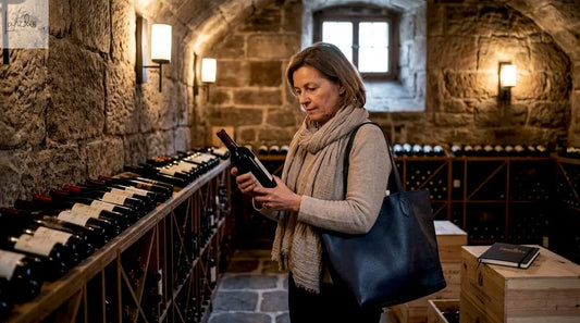 Eine Frau stöbert in einer exklusiven Vinothek auf der Suche nach dem passenden Wein.