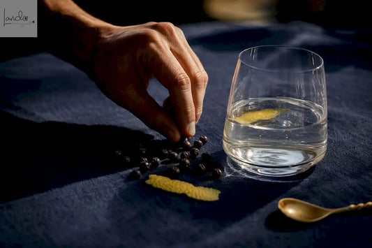 Wacholderbeeren und Zitronenschale neben einem Gin-Glas