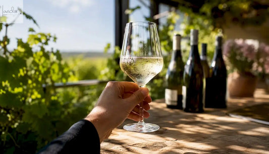Ein Gast hält ein Glas Weißwein und genießt die entspannte Atmosphäre im Verkostungsraum.