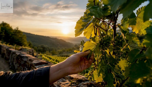 Eine Hand streicht behutsam über die Blätter der Weinreben am steilen Hang des Weinbergs.