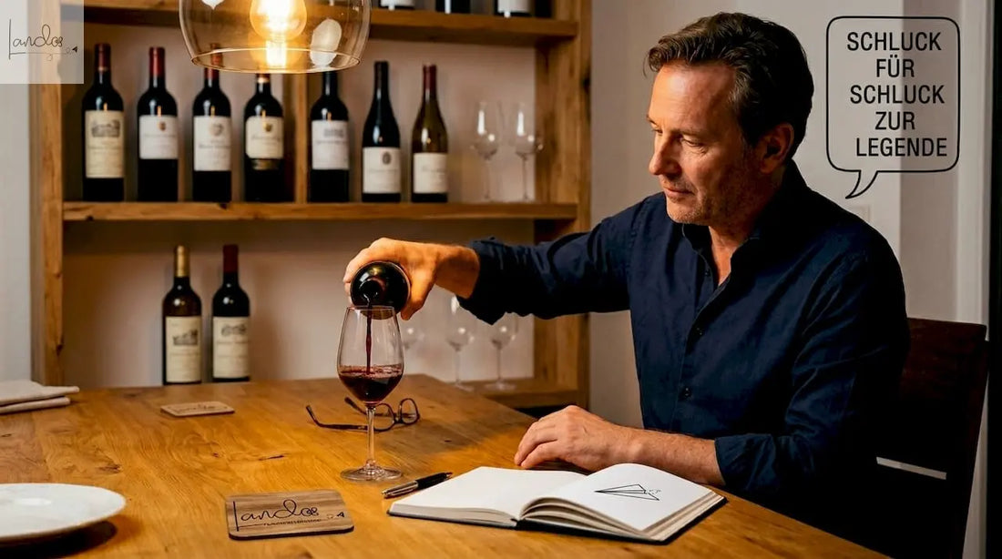 Ein Mann gießt am Esstisch zu Hause Wein ins Glas.