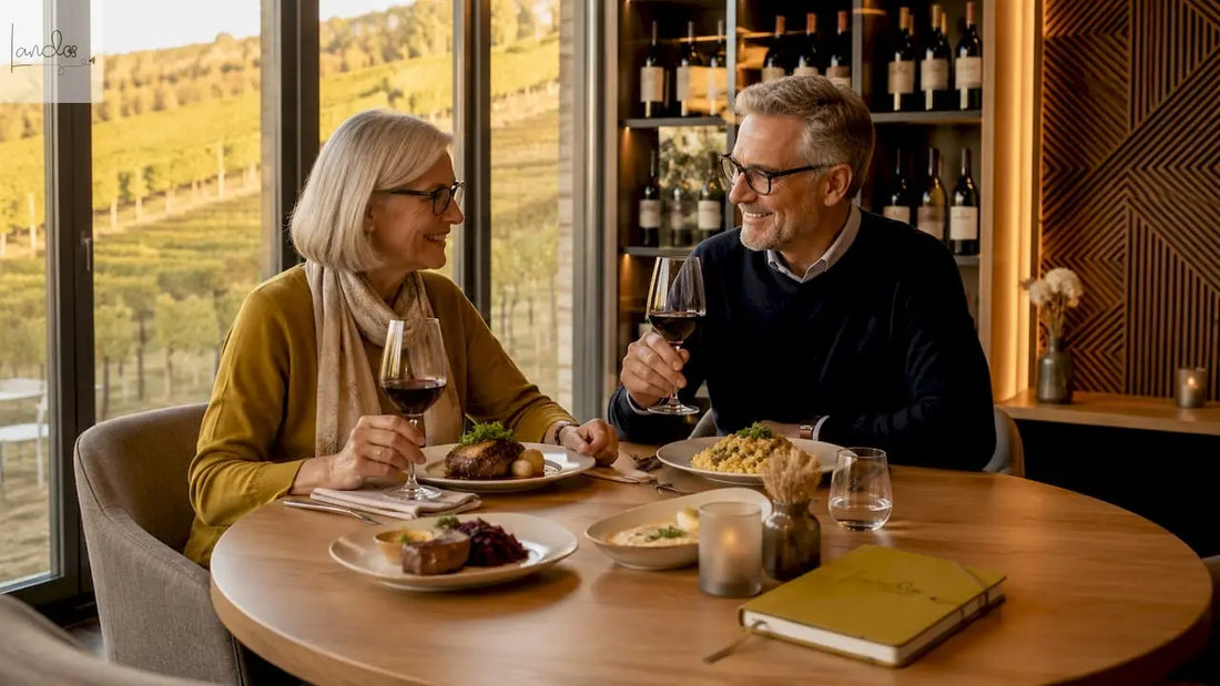 Ein älteres Ehepaar lässt sich badische Spezialitäten bei einem guten Glas Wein schmecken.