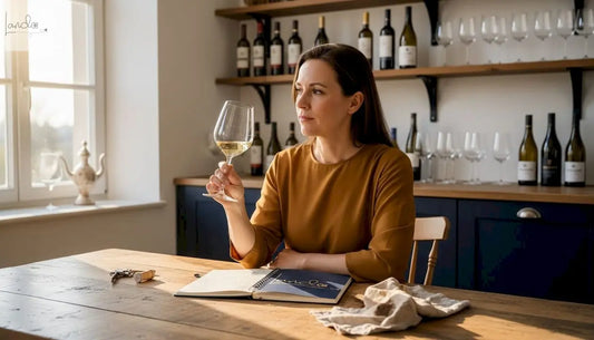 Eine Frau entscheidet sich am Esstisch für einen Wein aus der Region.