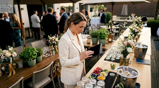 Die Eventmanagerin bereitet den Getränkebereich für den Empfang vor und sorgt dafür, dass alles für die Gäste bereitsteht.