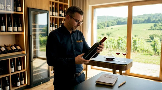 Ein Sommelier begutachtet im Weinkeller aufmerksam das Etikett eines Rotweins.