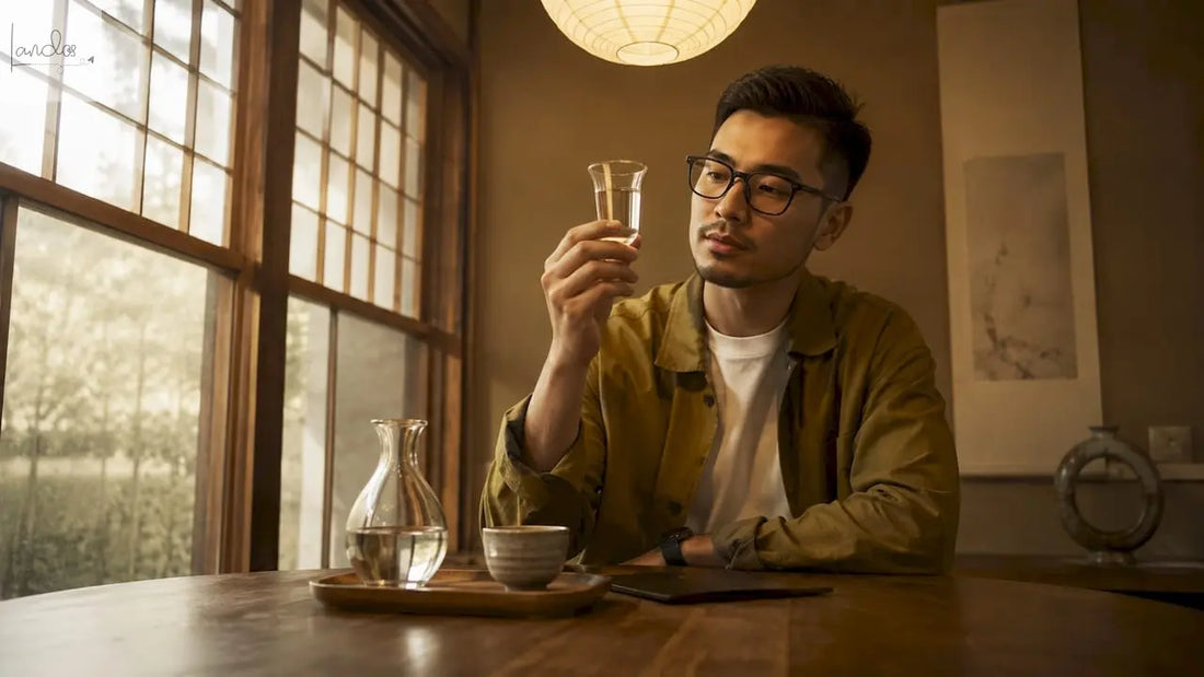 Ein Mann probiert verschiedene Sake-Sorten in einem japanischen Restaurant.