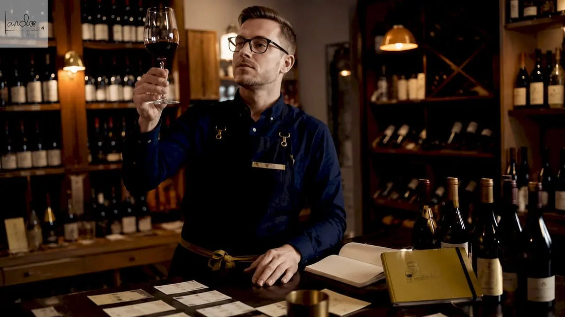 Ein Sommelier prüft einen Spätburgunder im Weinkeller auf Qualität und Reife.
