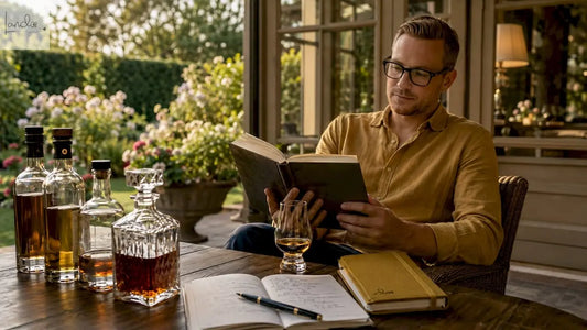 Ein Mann vertieft sich in ein Buch über Spirituosen, während neben ihm Flaschen und ein Glas stehen.