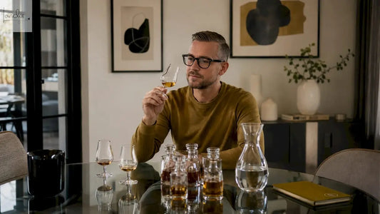 Ein Mann betrachtet aufmerksam ein Glas mit edlen Spirituosen.