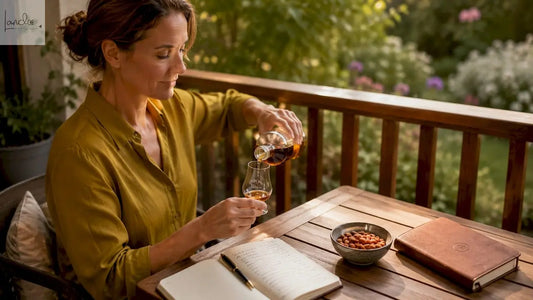 Eine Frau schenkt sich am Holztisch ein Glas Whisky ein.