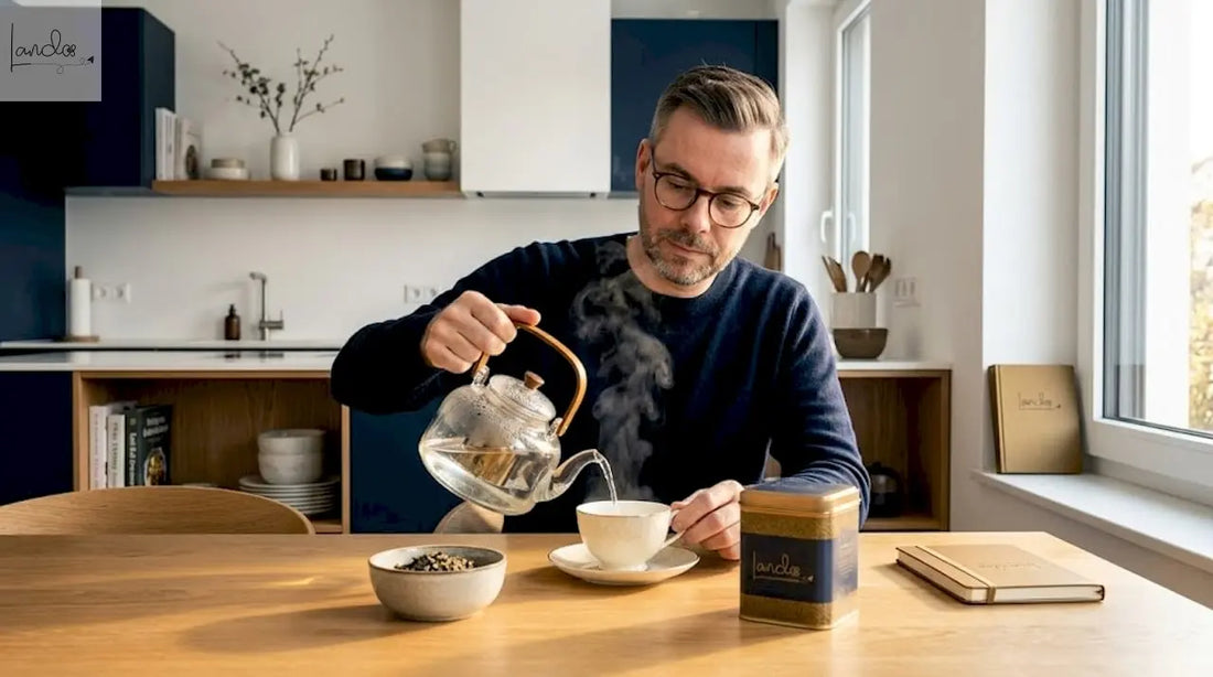Im lichtdurchfluteten Wohnzimmer genießt jemand eine Tasse frisch aufgebrühten Tee.