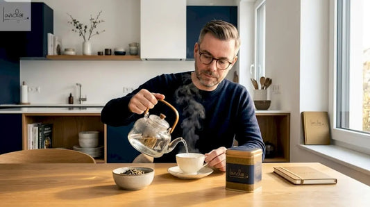 Im lichtdurchfluteten Wohnzimmer genießt jemand eine Tasse frisch aufgebrühten Tee.