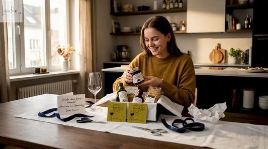 Eine junge Frau packt am Tisch ein Geschenkset mit Wein und Delikatessen aus.
