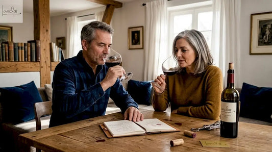 Ein Paar genießt gemeinsam ein Glas Rotwein am Wohnzimmertisch.