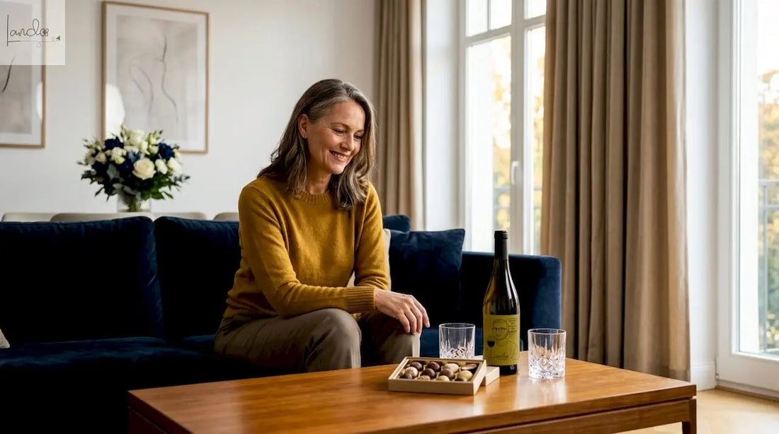 Eine Frau begutachtet ein Geschenkset, das aus Wein und Schokolade besteht.