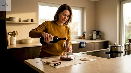 In einer lichtdurchfluteten Ecke des Wohnzimmers schenkt eine Frau vorsichtig Rotwein in eine Karaffe.