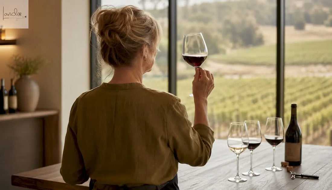 Im Weinkeller begutachtet die Winzerin aufmerksam ein Glas ihres Weins.