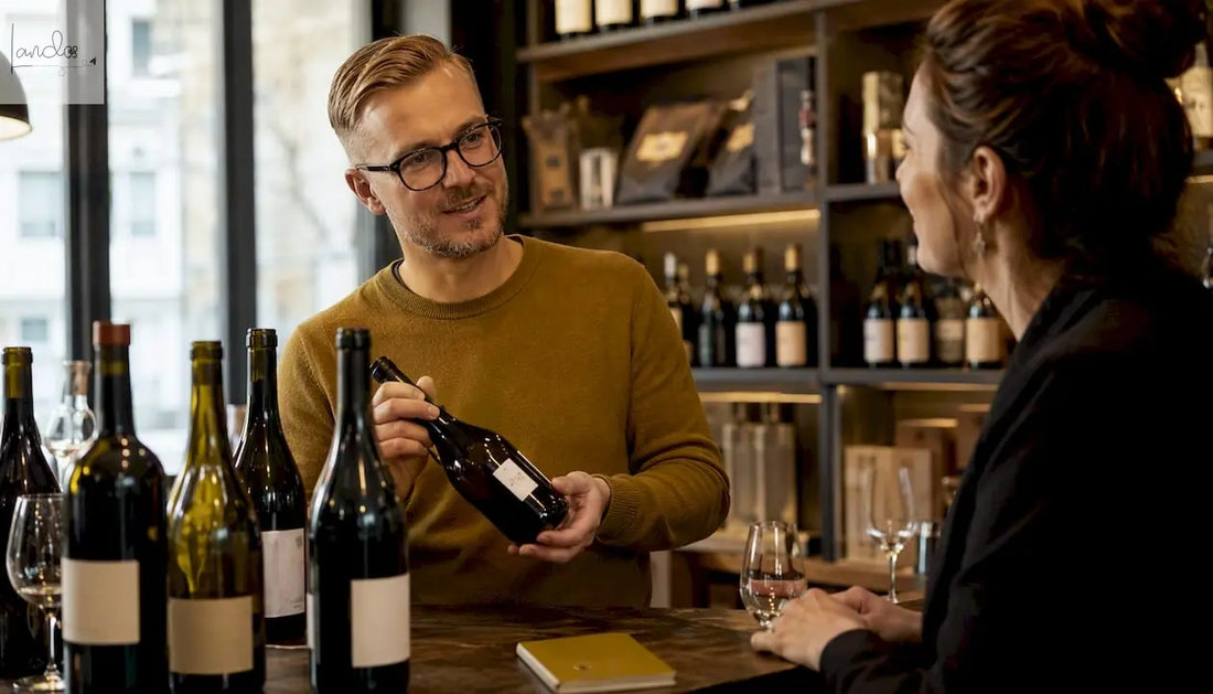 Ein erfahrener Weinhändler stellt ausgewählte Weine im Delikatessengeschäft vor.