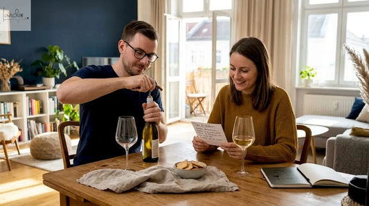 Am Esstisch überlegen zwei Personen gemeinsam, welchen Wein sie auswählen möchten.