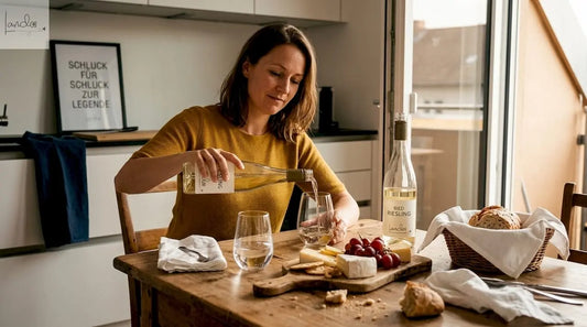 Bei einem entspannten Abendessen lässt sich eine Frau ein Glas Wein schmecken.
