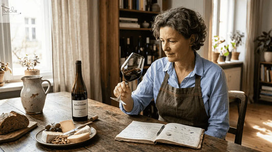 Ein Sommelier verkostet sorgfältig einen edlen Wein an einem rustikalen Holztisch.