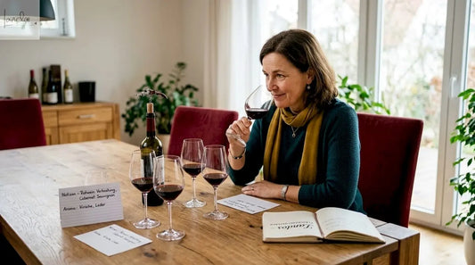Eine Weinexpertin begutachtet das Glas während der Beratung.