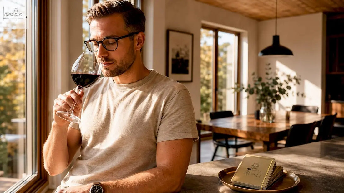 Eine Person betrachtet im Innenraum aufmerksam ein Glas Rotwein.