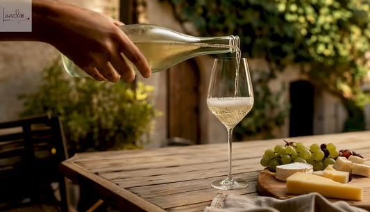 Ein Glas Secco wird direkt am Tisch in der Weinkellerei eingeschenkt.