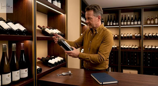 Ein Mann greift im kühlen Steinkeller nach einer Flasche Wein im Regal.