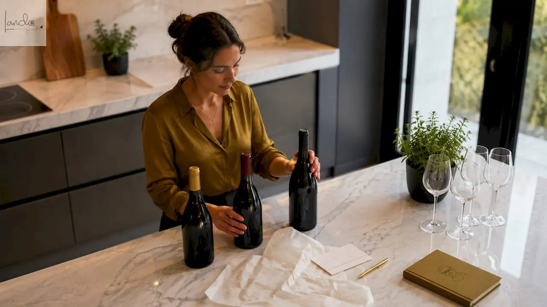 Eine Frau richtet eine ansprechende Weinpräsentation auf einem rustikalen Holztisch her.