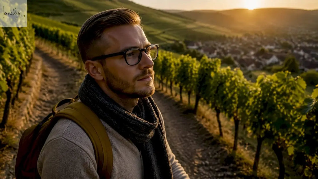 Ein Wanderer genießt die malerische Weinberglandschaft im Kaiserstuhl.
